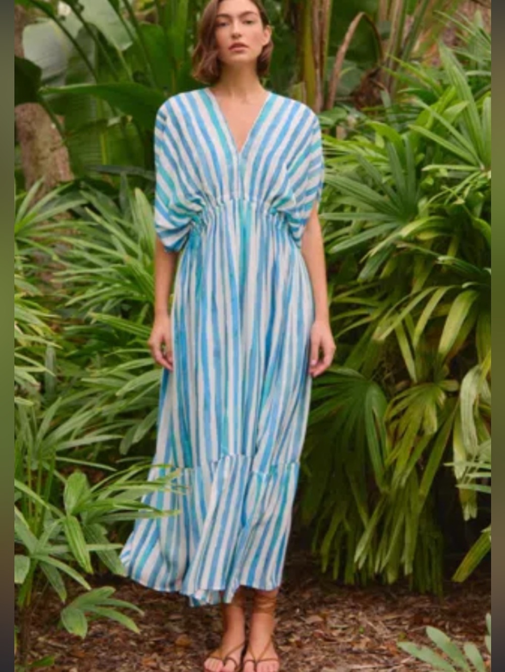 Marie Oliver Venus Striped Caftan Maxi Dress in Waterfall Silk Blend Pockets